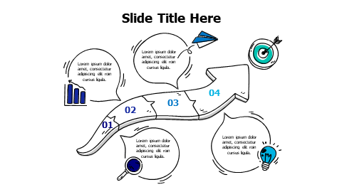 4 speech bubbles with doodle outline arrow to goal infographic