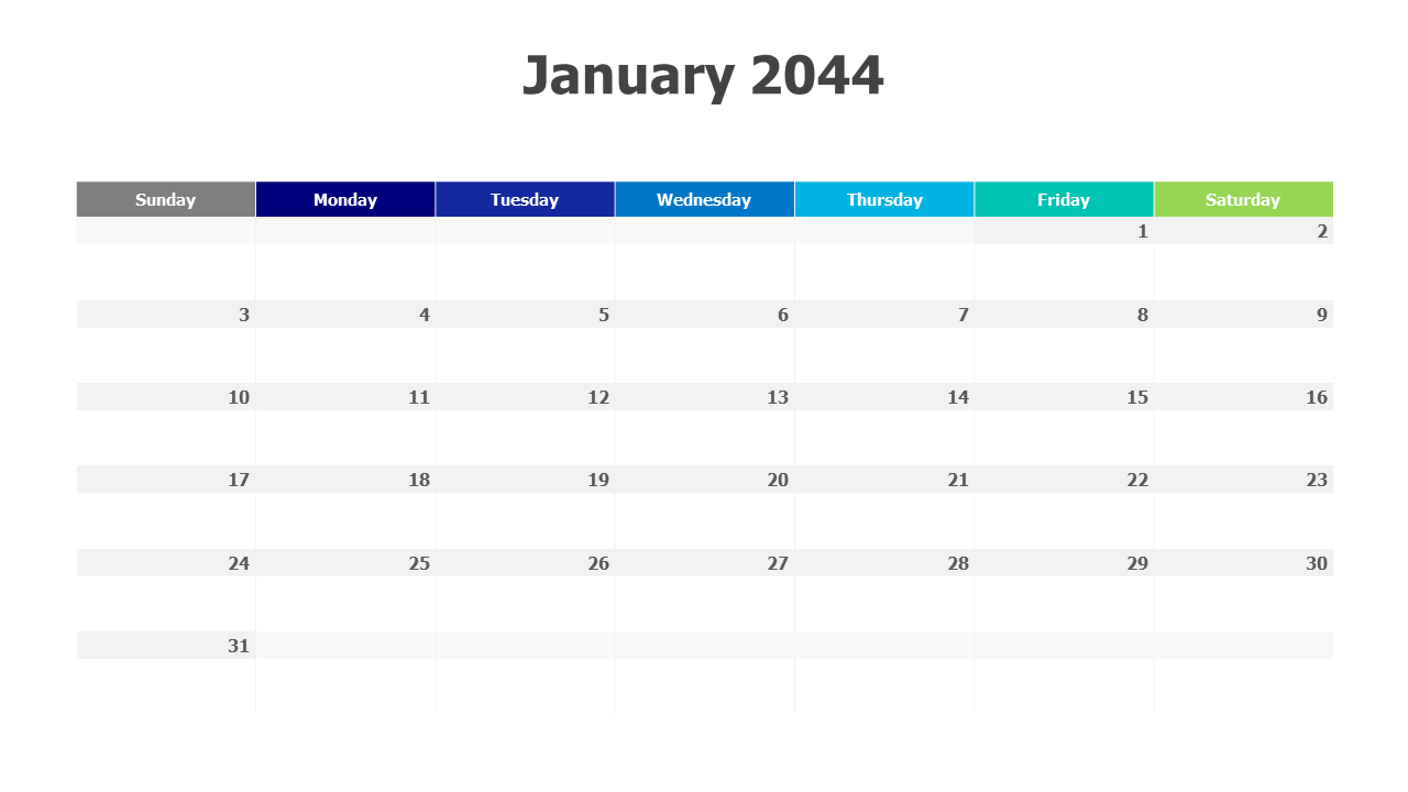 January 2044 Monthly Grid Calendar | Calendar | PPT Design