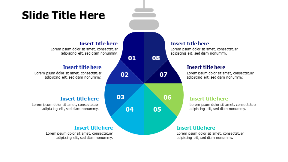 8 points divided colored flat bulb infographic