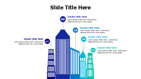 5 points colored city buildings infographic with numbers