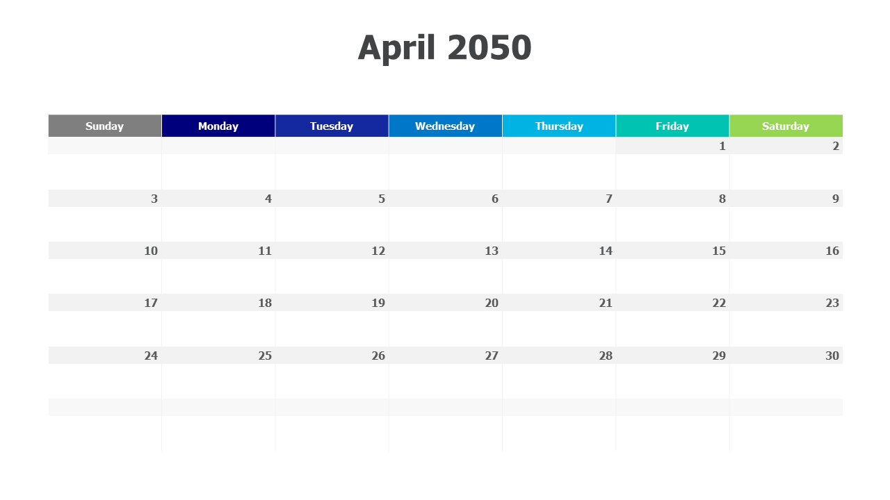 April 2050 Colorful Weekly Calendar Grid