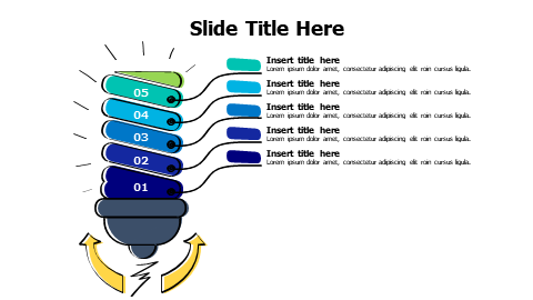 5 points divided colored doodle bulb infographic with arrows