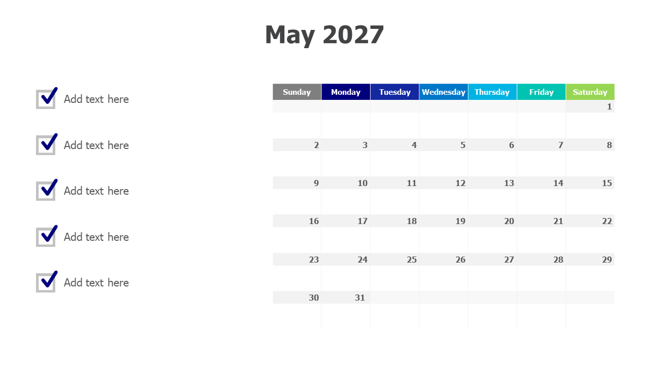 May 2027 Checklist Calendar Layout | Calendar | PPT Design