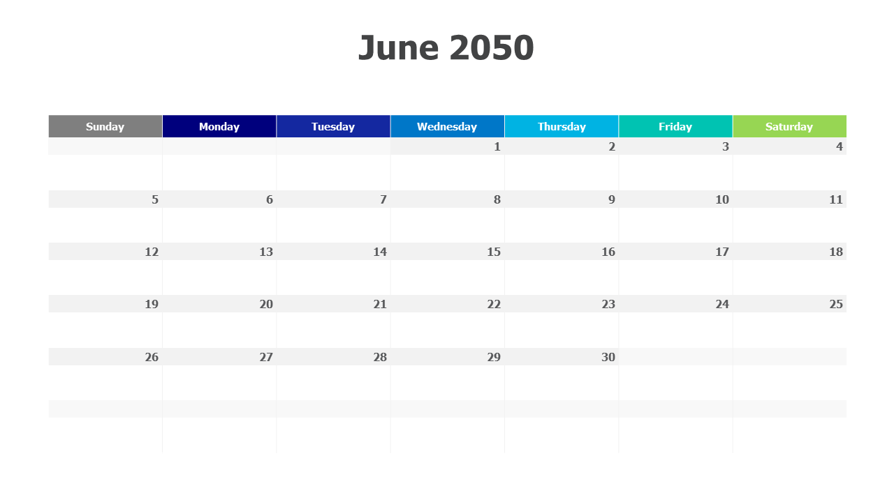 June 2050 Rainbow Grid Calendar Layout