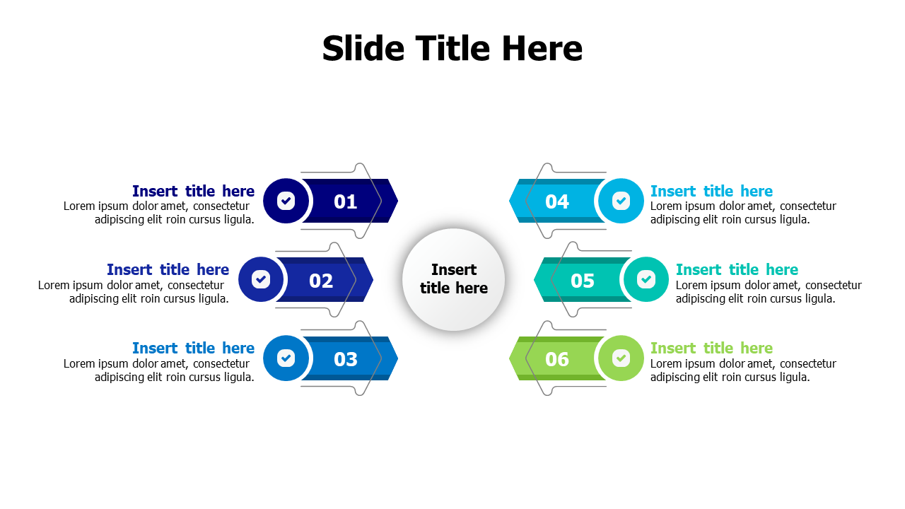 6 colored branched arrows infographic PowerPoint Template