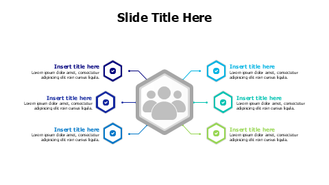 6 points branching colored hexagons with people infographic