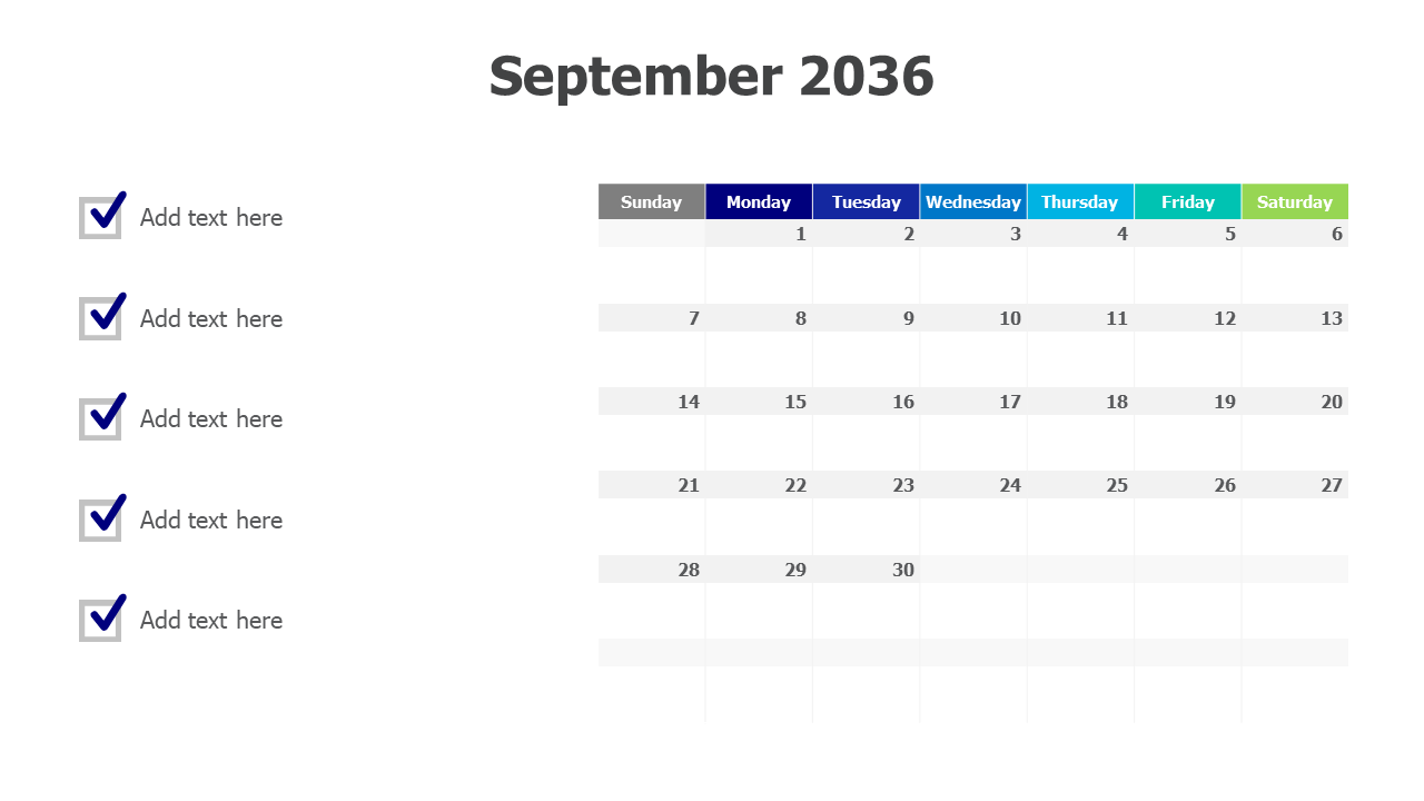 September 2036 calendar with checkmarks PowerPoint Template