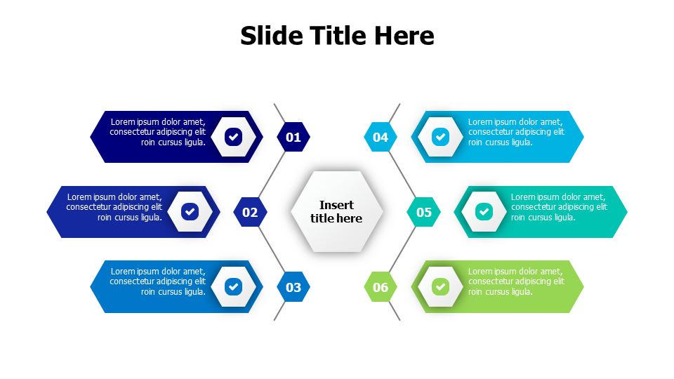 6 points branching hexagon shapes infographic