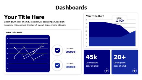 Lines and area charts dashboard with icons