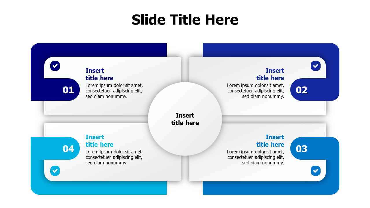 4 squares and one shared circle infographic with icons