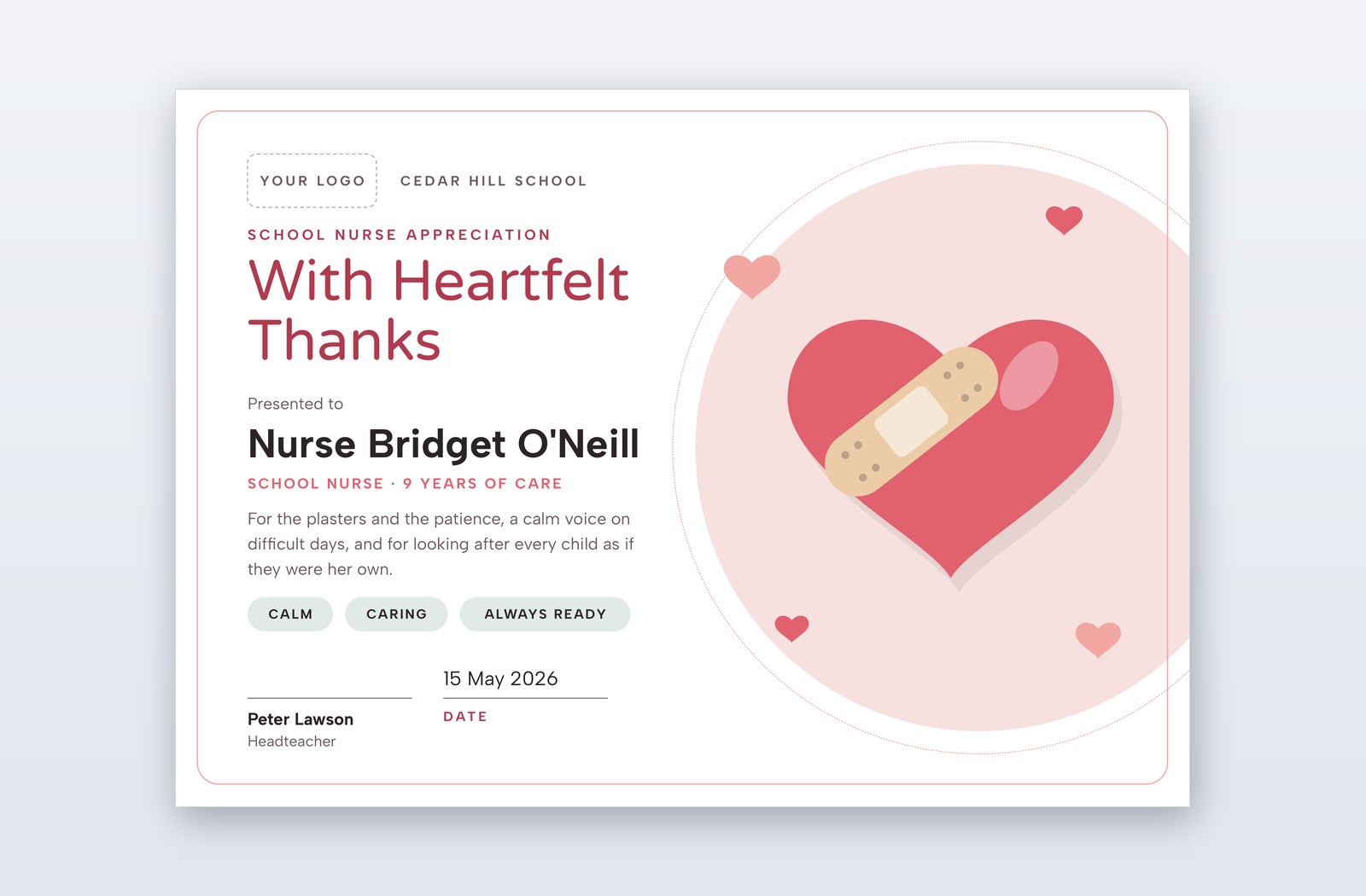 Free School Nurse Appreciation Certificate Template – Warmhearted