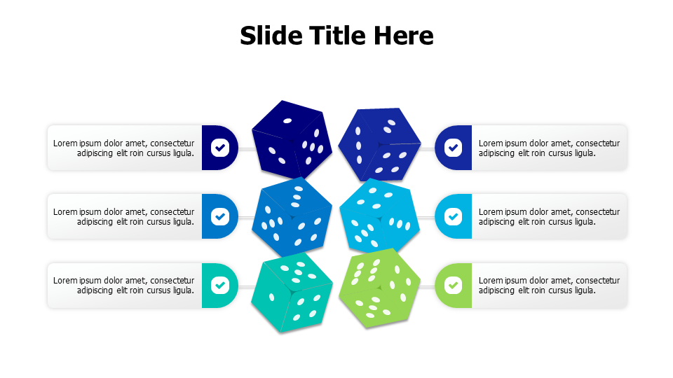 6 points colored dices with icons infographic