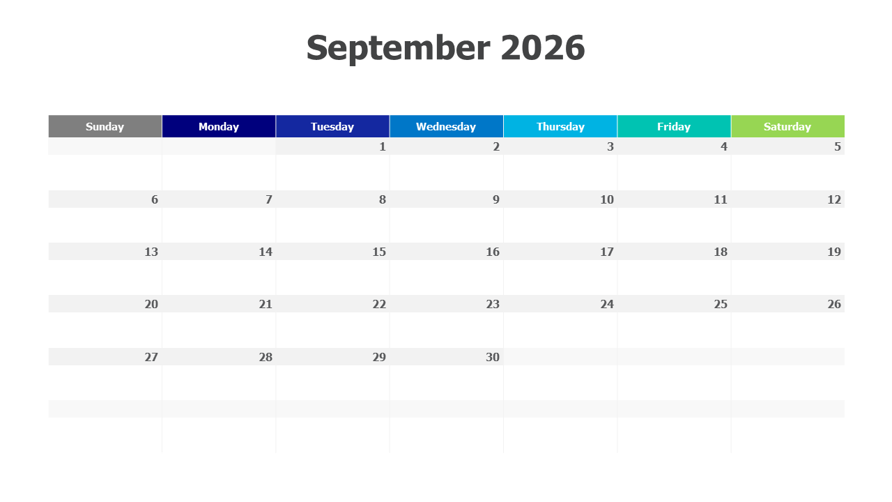 September 2026 Rainbow Grid Calendar Layout | PPT Design