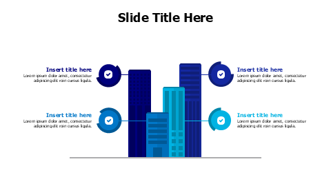 4 points colored flat buildings infographic with icons