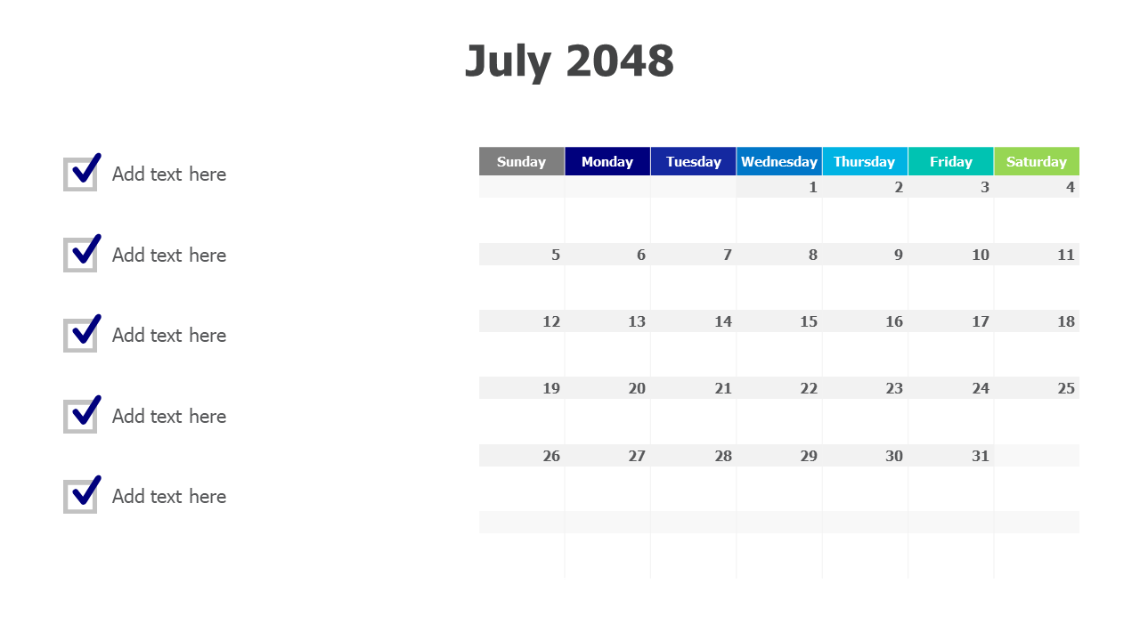 July 2048 Checkbox Calendar Template | Calendar | PPT Design