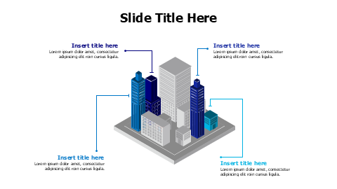 4 points colored buildings in a city infographic