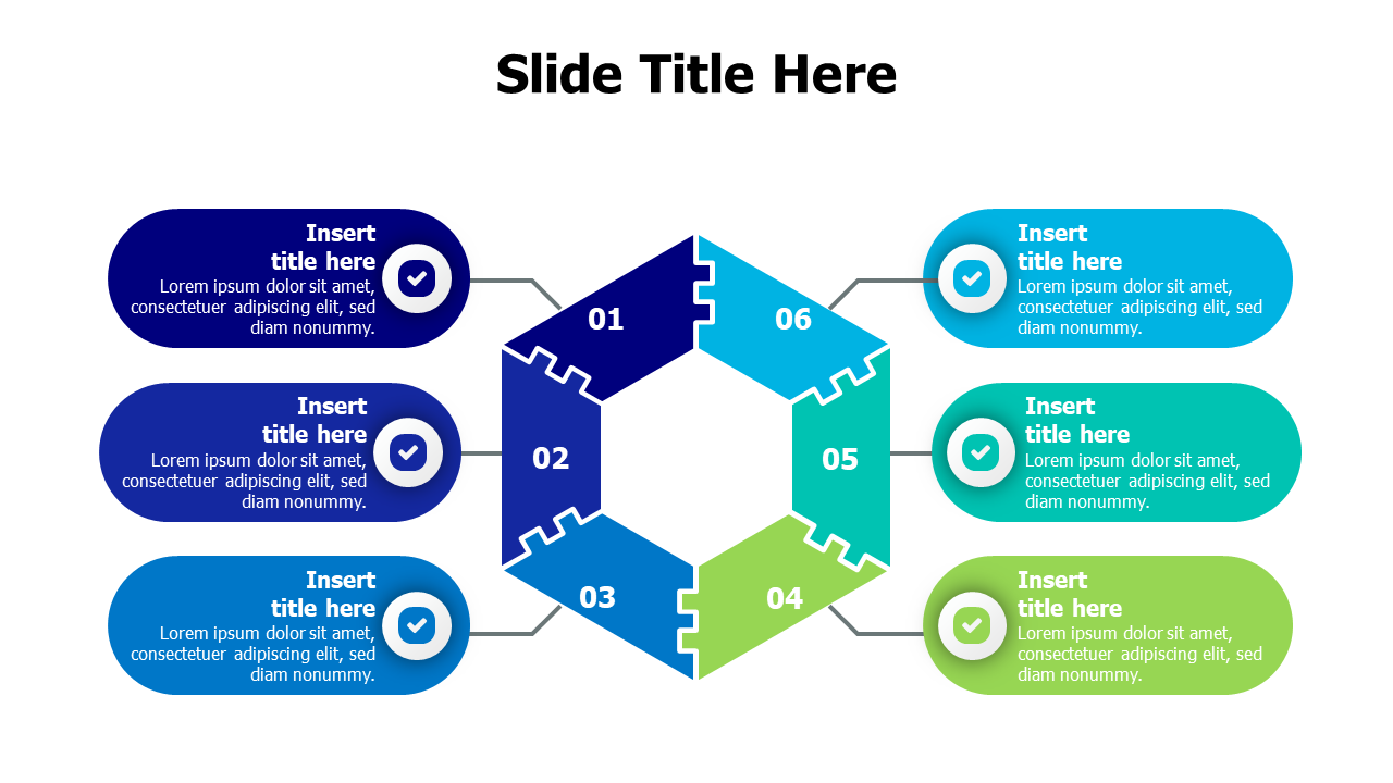 6 branching points with puzzled heaxagon infographic PowerPoint Template