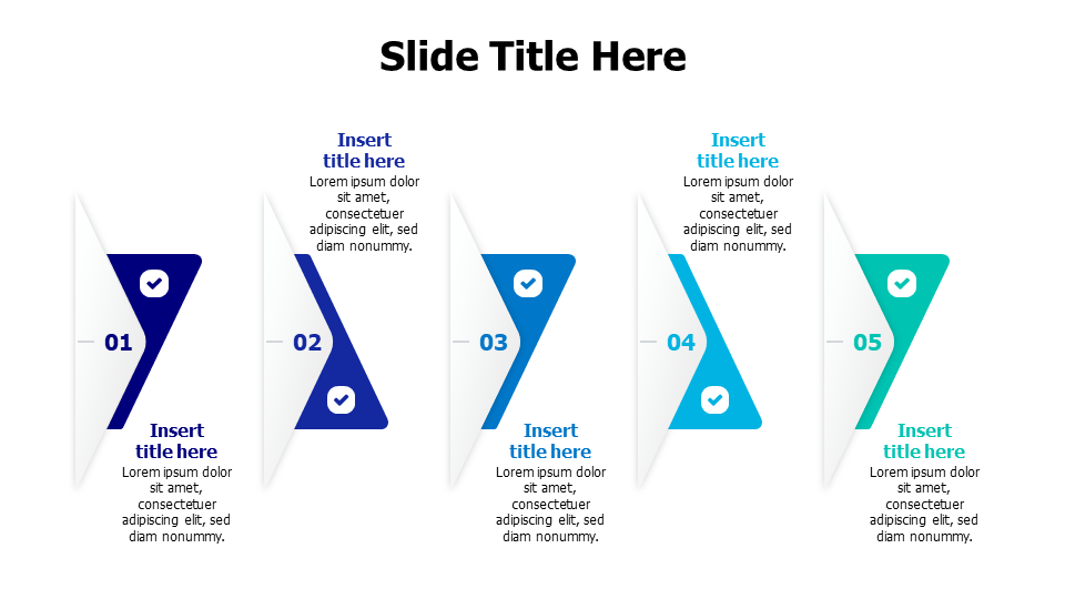 5 points white arrows with colored shapes infographic