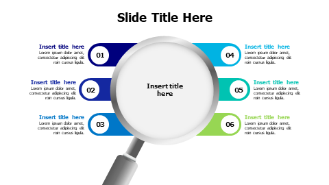 6 points colored stripes with magnifying glass infographic