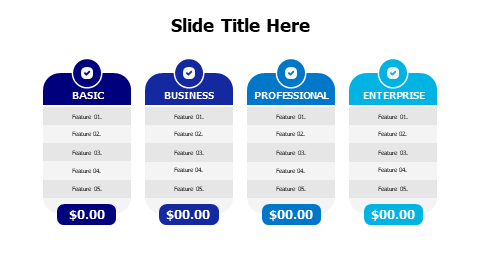 4 pricing plans with features table and icons