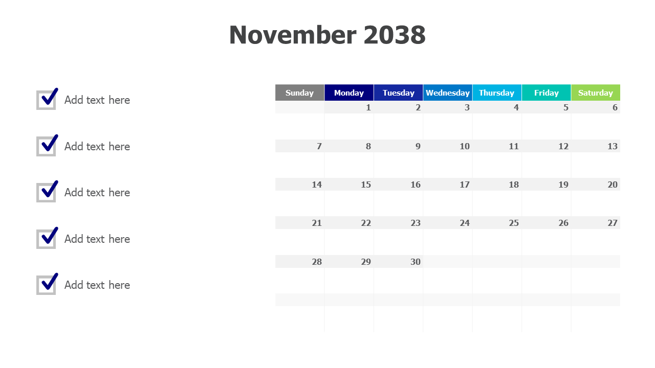 November 2038 Task Calendar Checklist Layout | PPT Design