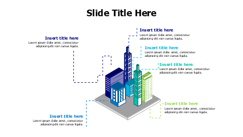 6 colored 3D buildings infographic