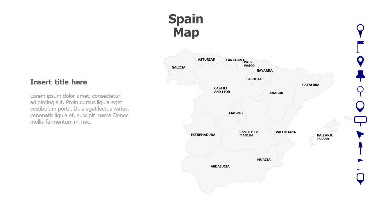 Map,Editable map,pins,countries,counties,infographics,continent,powerpoint,powerpoint infographics,Google slides,Keynote,Spain Map
