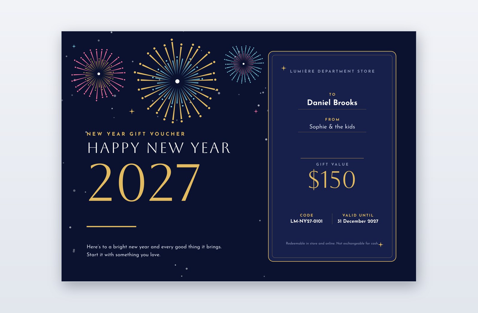 Meme Powerpoint Bon cadeau du Nouvel An – modèle Midnight | PPT-Design