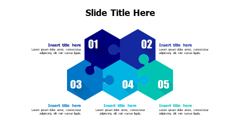 5 points connected colored puzzle pieces infographic with numbers