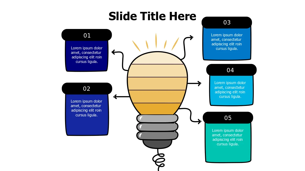 Five Point Lightbulb Idea Branching Diagram | PPT Design