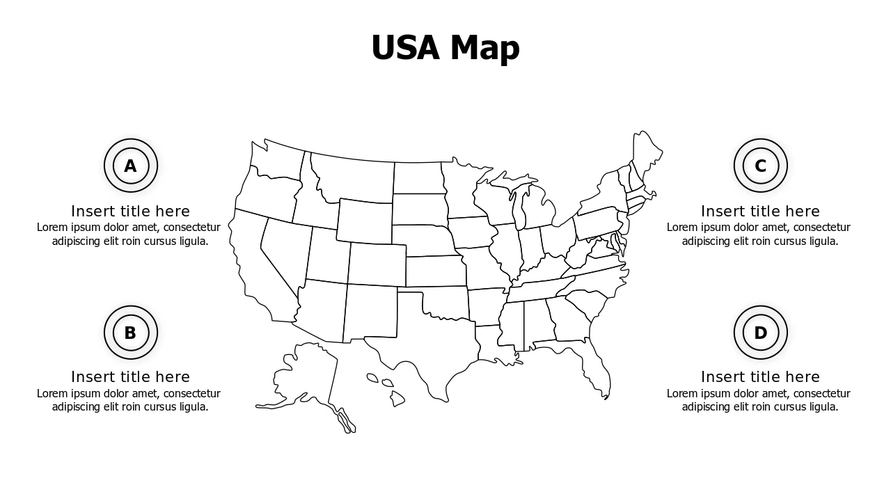 USA Map Four Corner Text Boxes Layout | Maps | PPT Design