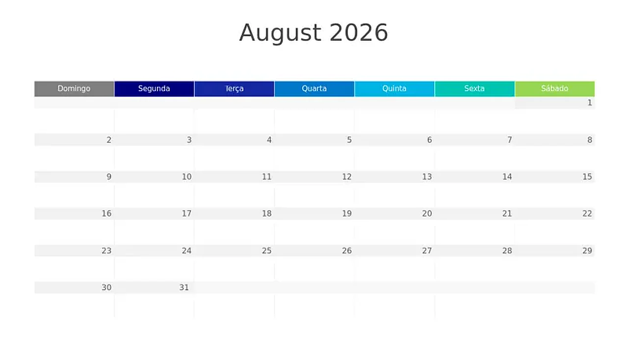 Calendário Mensal de Agosto de 2026 com Gradie… | PPT Design