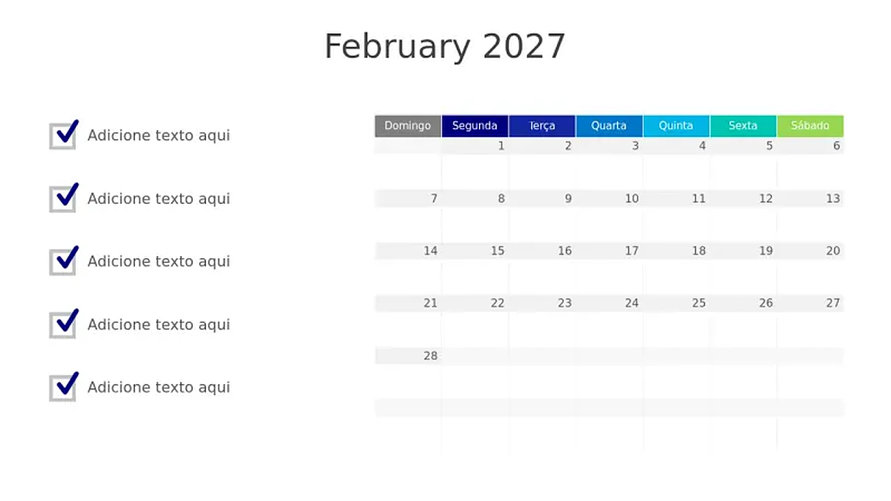 Calendário de Tarefas de Fevereiro 2027 | PPT Design