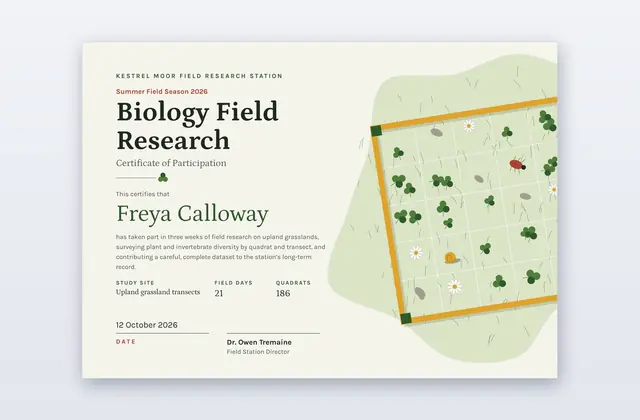 Quadrat – Teilnahmezertifikat für biologische Feldforschung