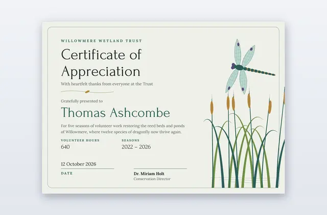 Demoiselle – Certificado de agradecimiento con libélula