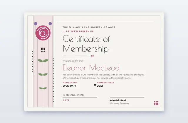 Glasgow Rose – Certificado de membresía