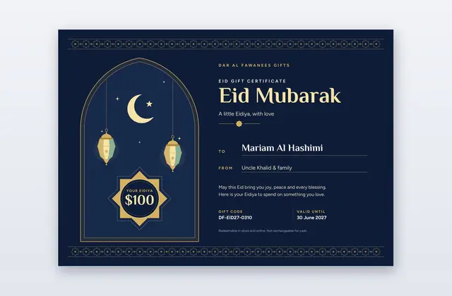 Bon cadeau de l'Aïd – modèle Eidiya | PPT-Design