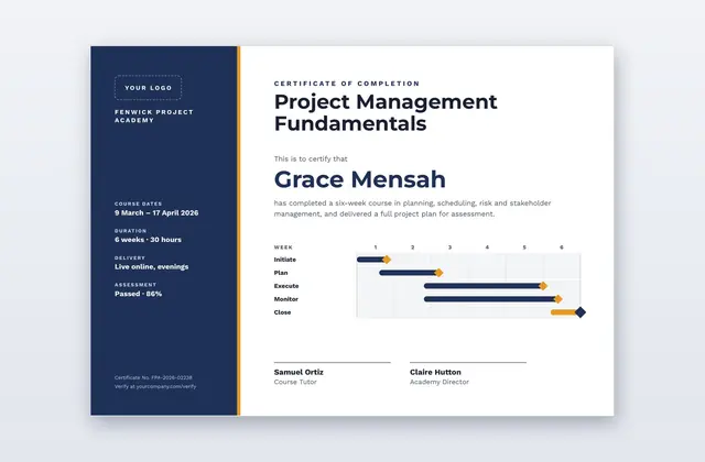 Free Project Management Fundamentals Certificate Template – Milestone