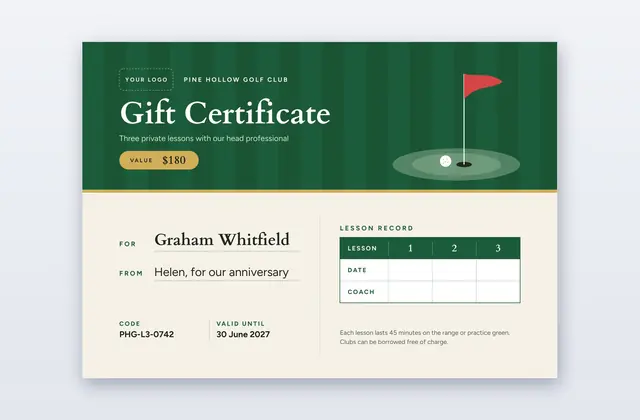 Free Golf Lesson Gift Certificate Template – Clubhouse