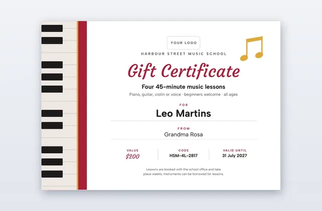 Free Music Lesson Gift Certificate Template – Chord