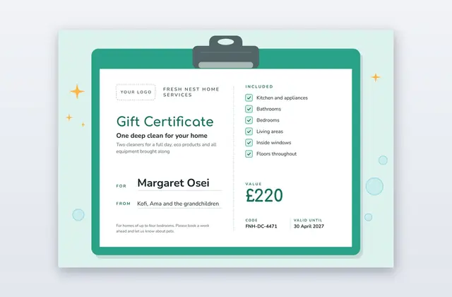 Free Home Cleaning Gift Certificate Template – Clipboard