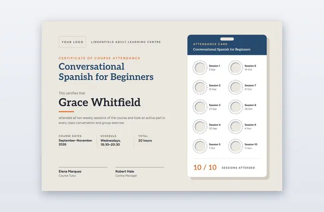 Free Course Attendance Certificate Template – Annulet
