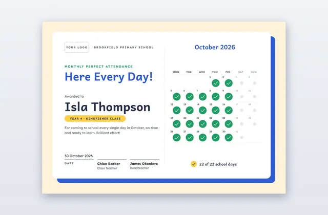 Free Monthly Perfect Attendance Certificate Template – All Ticked