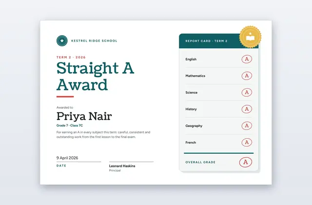 Free Straight A Award Certificate Template – Column A