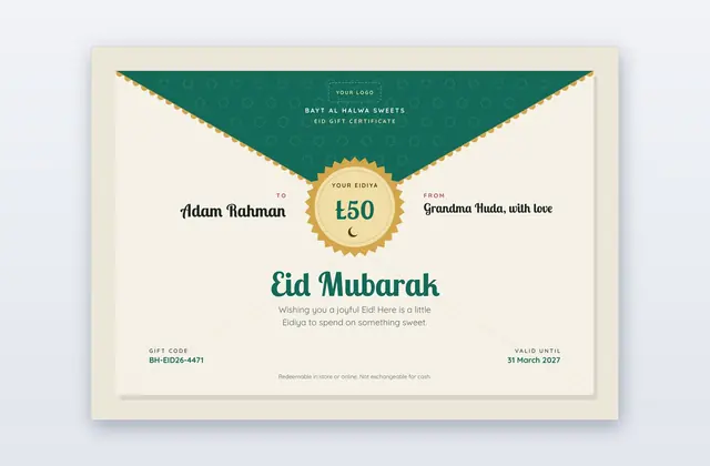 Free Eid Gift Certificate Template – Lifafa | PPT-Design
