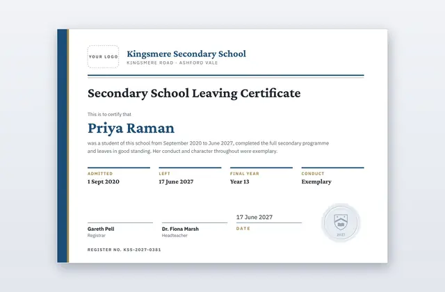 Free Secondary School Leaving Certificate Template – Colophon