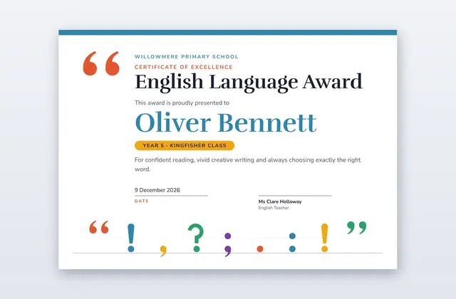 Free English Language Award Certificate Template – Punctuate