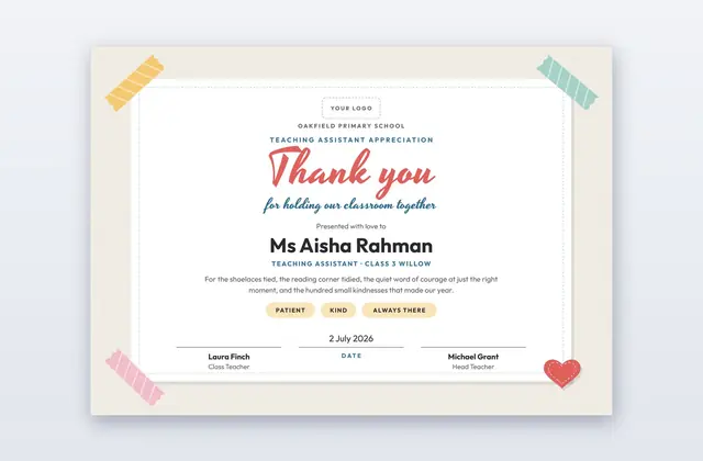 Free Teaching Assistant Appreciation Certificate Template – Washi