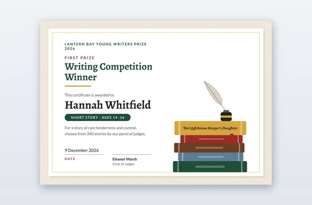 Free Writing Competition Winner Certificate Template – Anthology