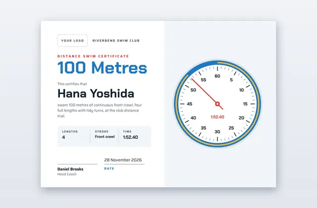 Free 100 Metres Swim Certificate Template – Clockface